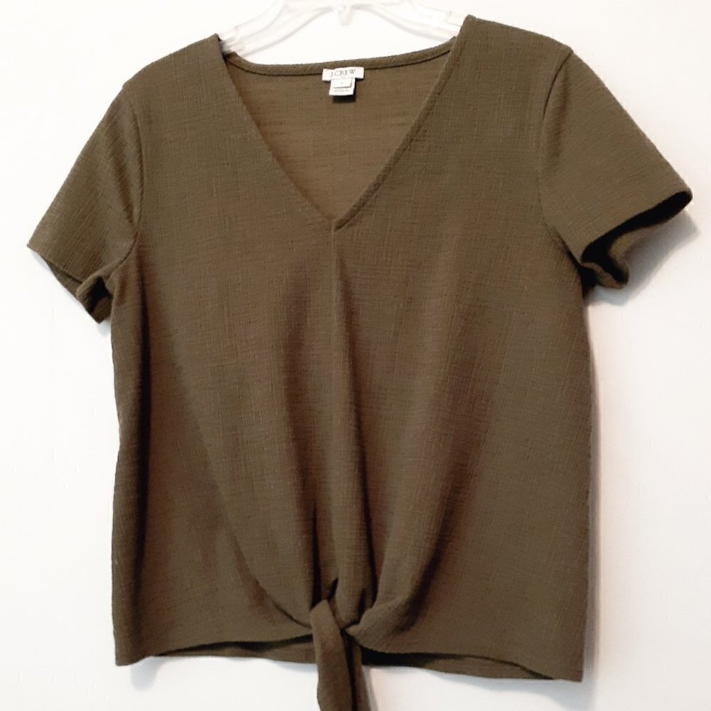 J. CREW Olive Green Short Sleeve V-Neck Knit Top w Tie At Waist; Size Small